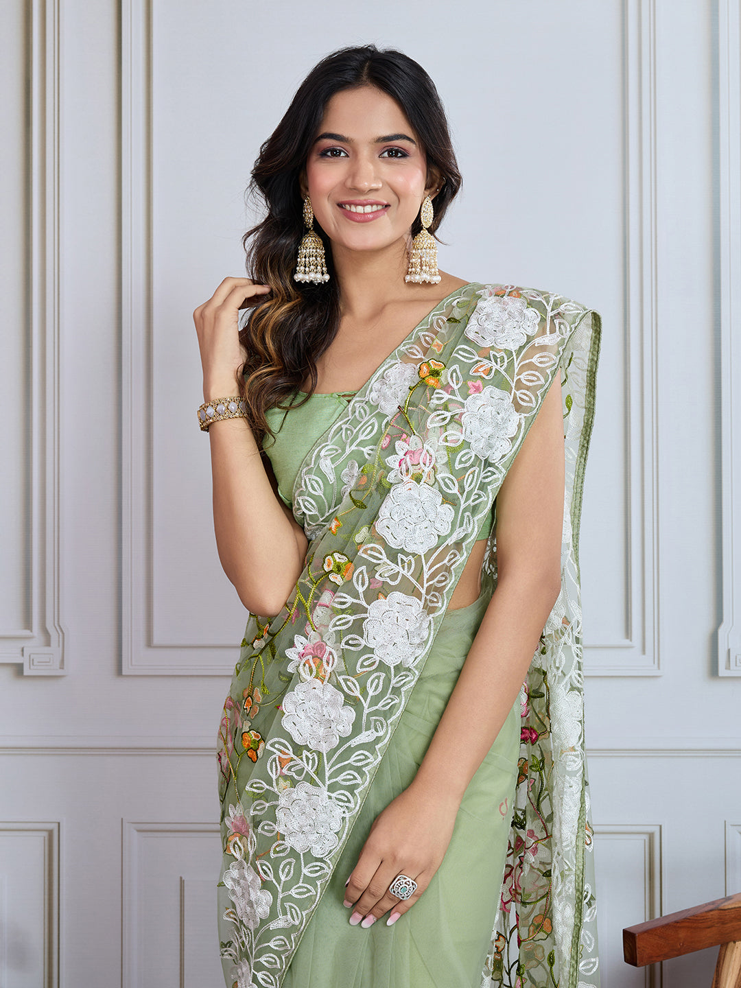 Designer Multy Thread Embroidery Work Pista Soft Net Saree For Wedding Looks