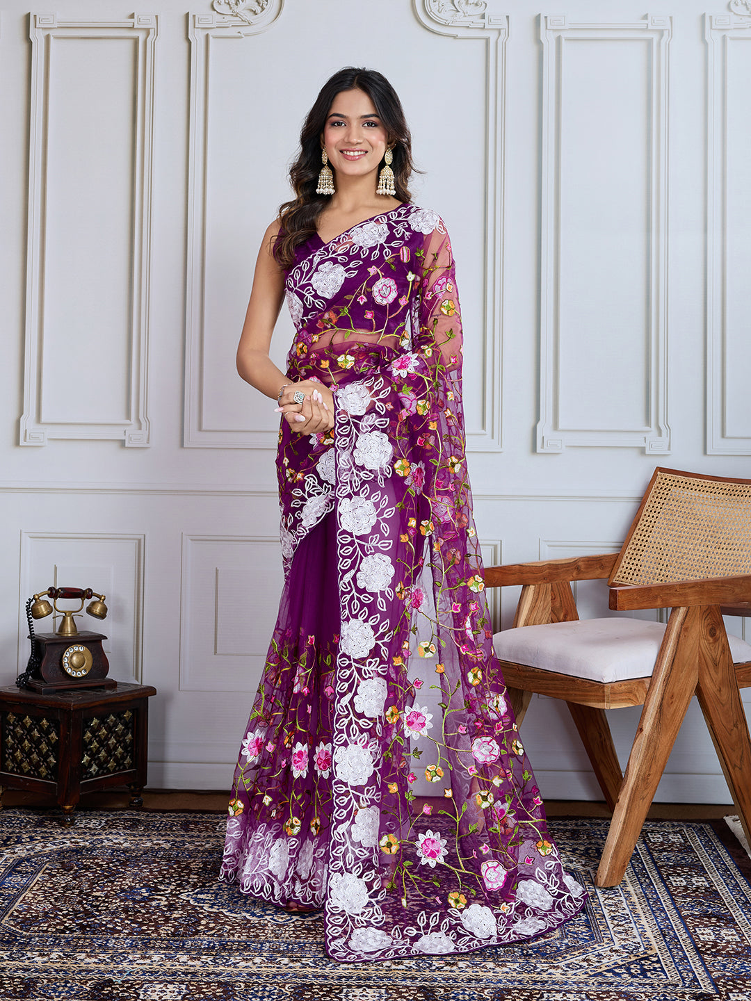 Designer Multy Thread Embroidery Work Purple Soft Net Saree For Wedding Looks