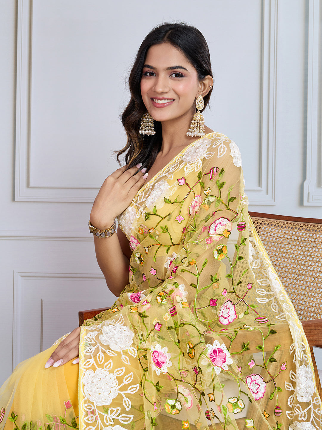 Designer Multy Thread Embroidery Work Yellow Soft Net Saree For Wedding Looks