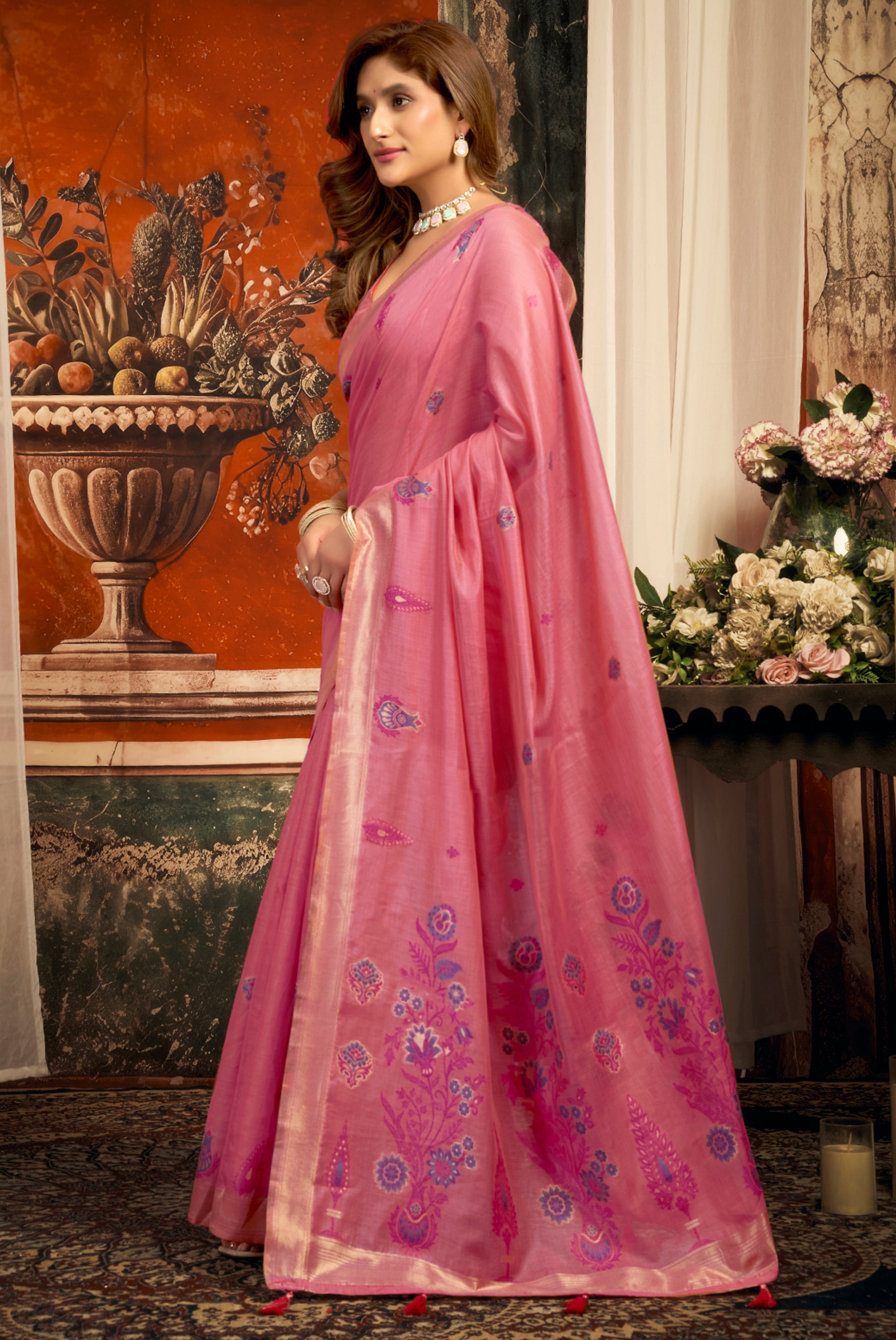 Designer Pink Cotton Saree with Elegant Zari Border Tassels