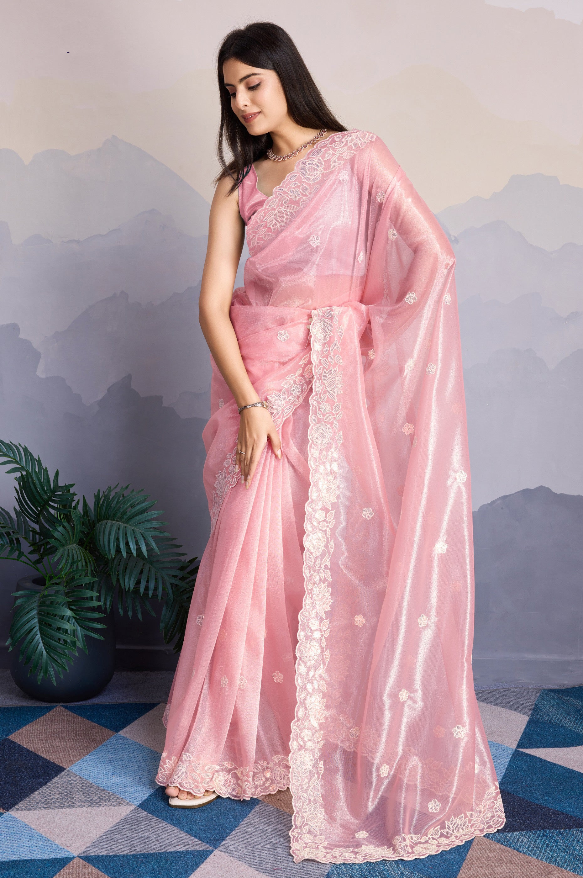 Designer Pink Fancy Saree with Premium Thread Sequins Work