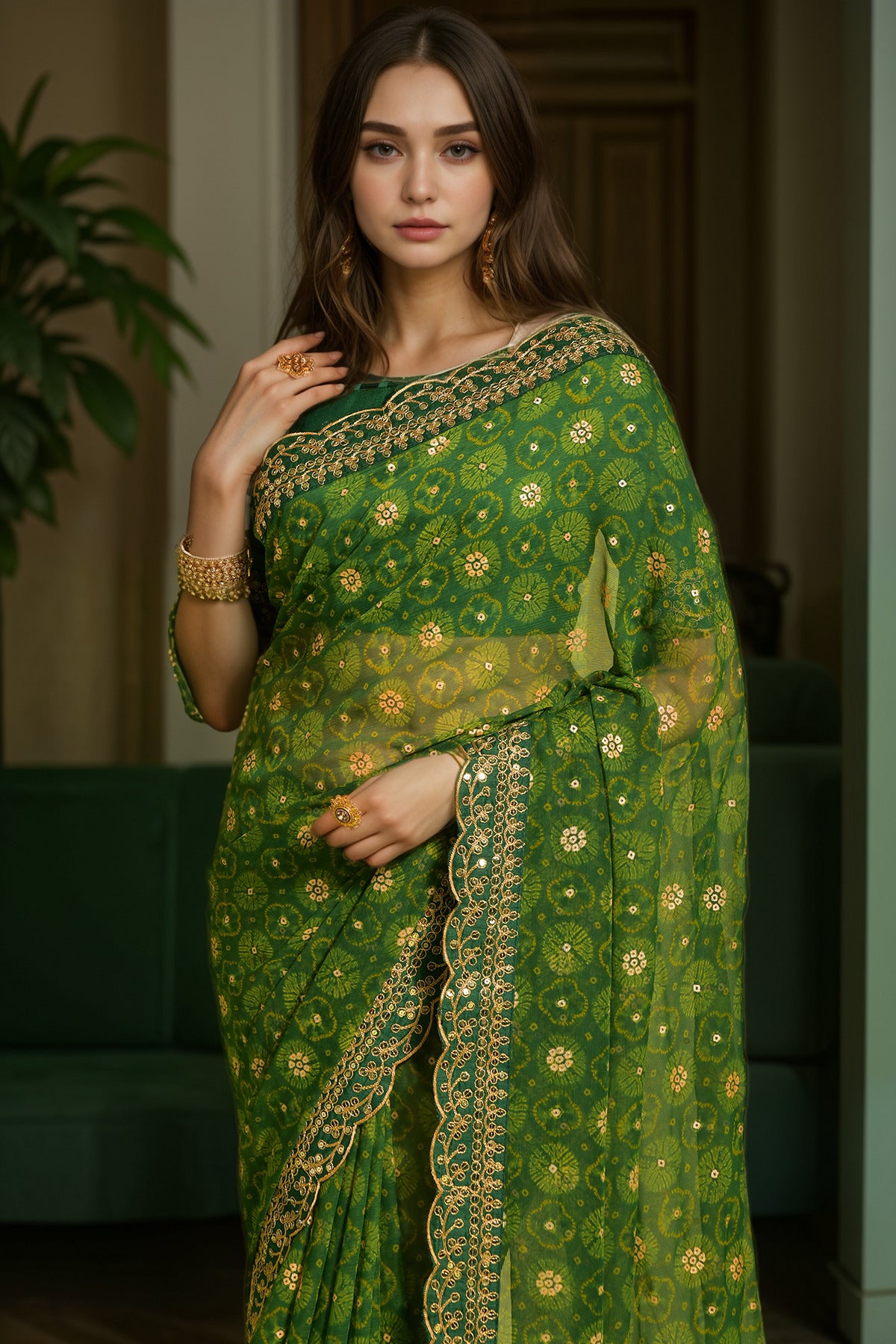 Designer Printed With Embroidery Lace Work Green Georgette Graceful Festive Saree