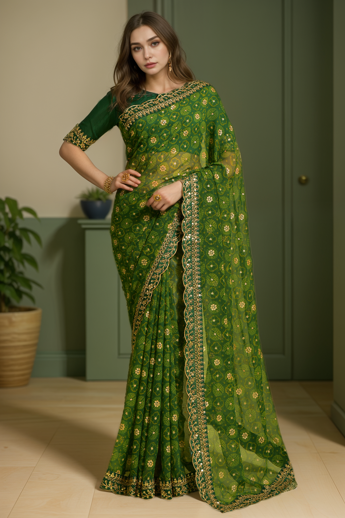 Designer Printed With Embroidery Lace Work Green Georgette Graceful Festive Saree