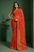 Designer Printed With Embroidery Lace Work Red Georgette Graceful Festive Saree