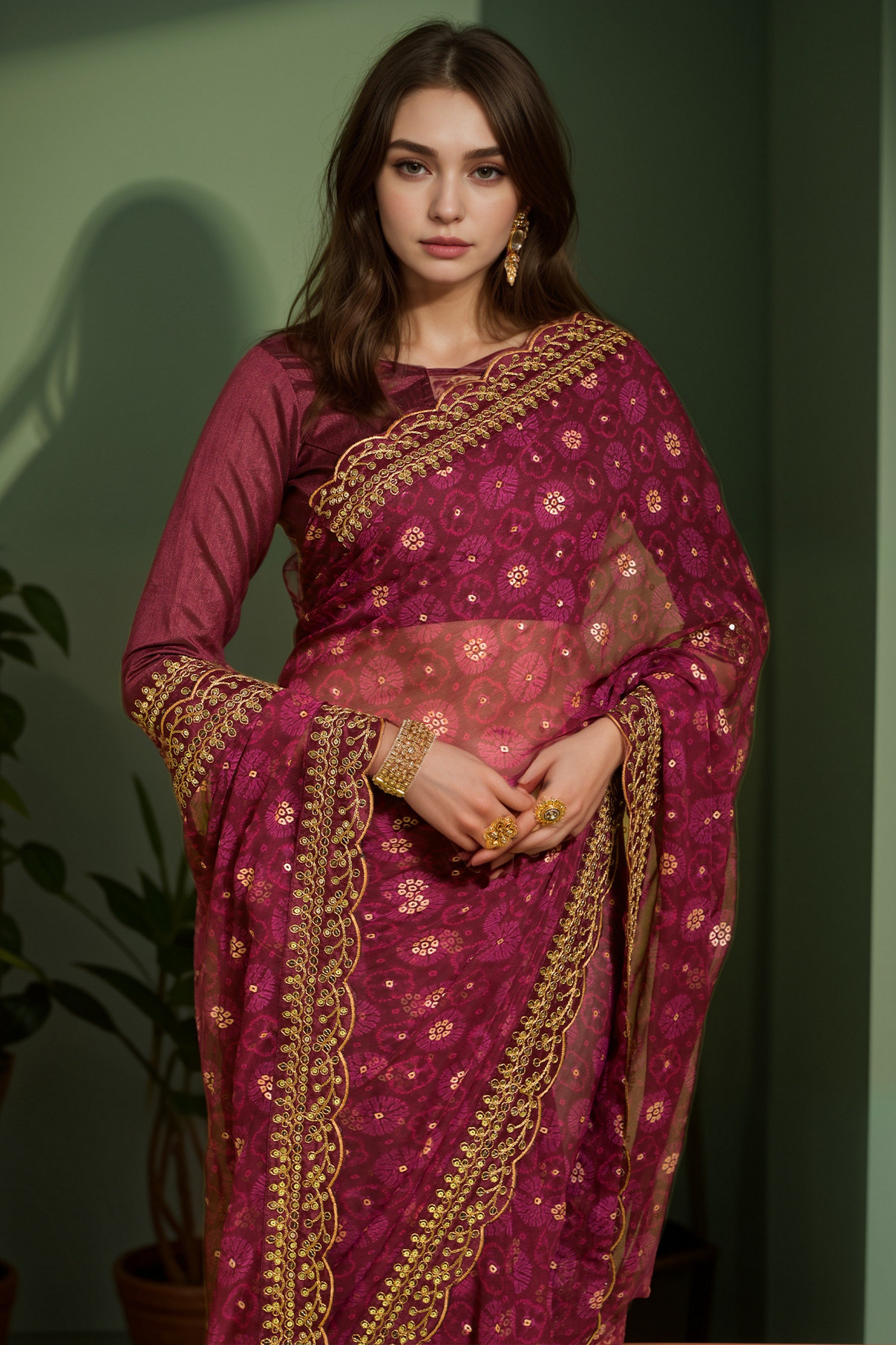 Designer Printed With Embroidery Lace Work Wine Georgette Graceful Festive Saree