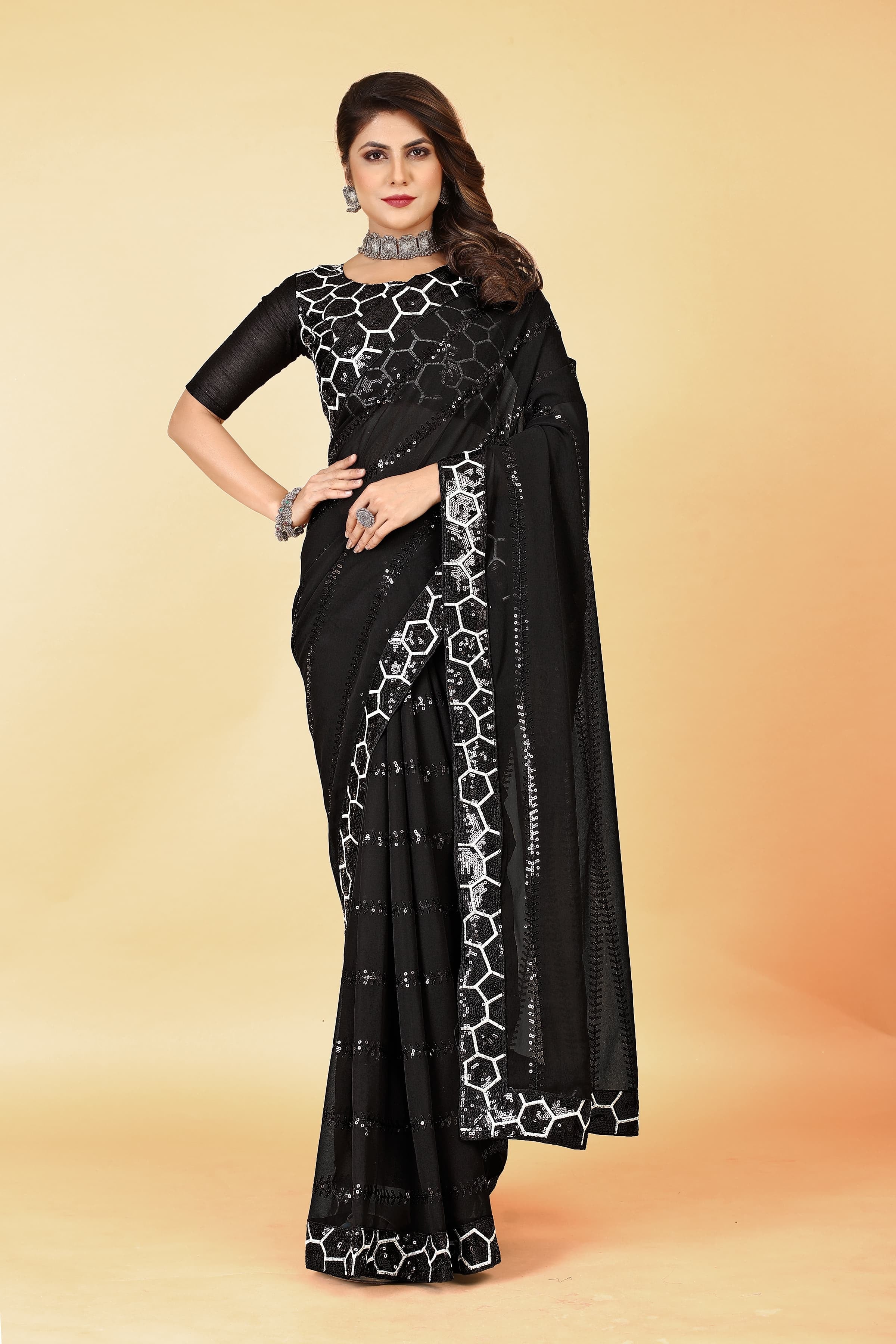 Designer Sequins Embroidery Work Black Georgette Glamorous Bollywood Saree