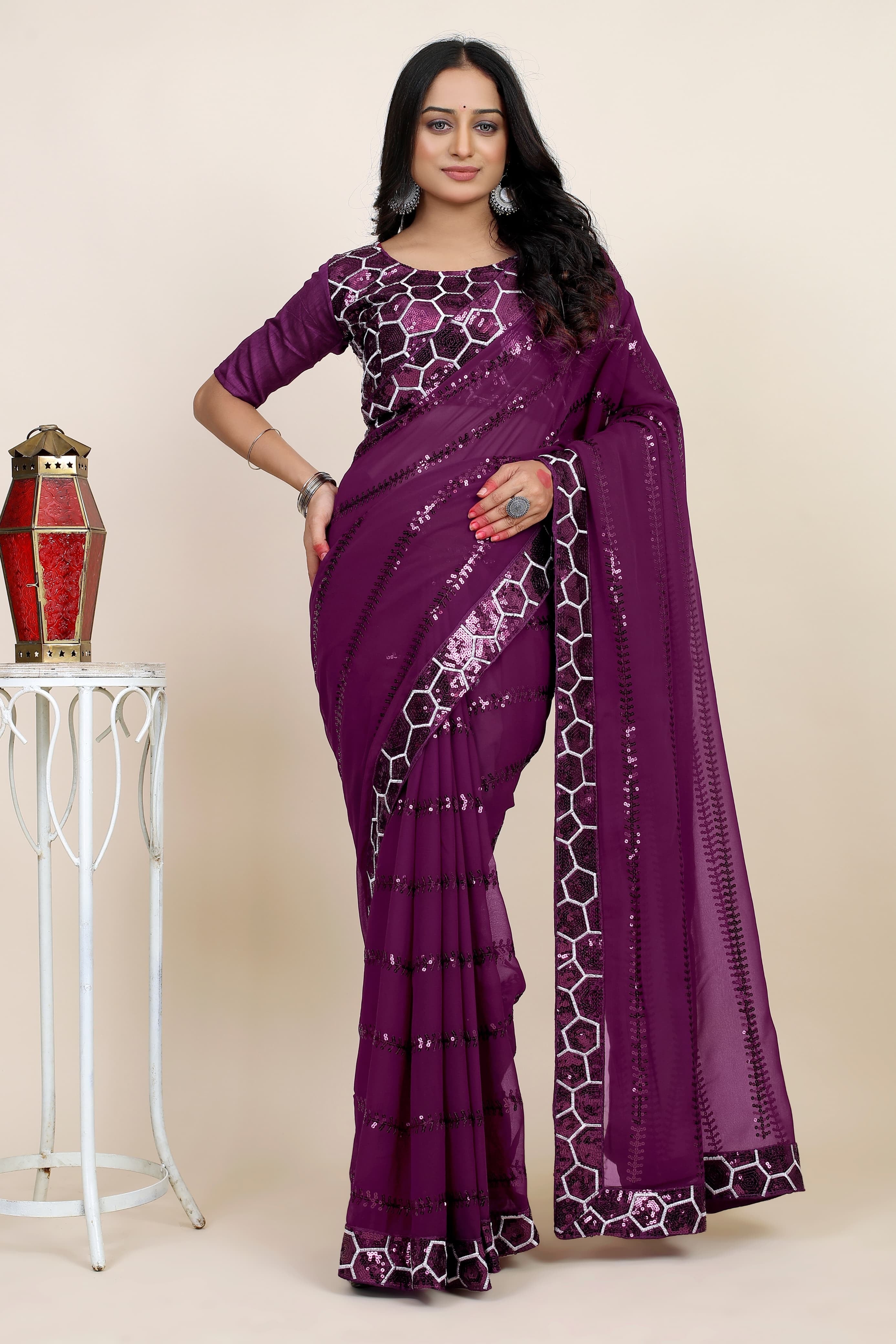 Designer Sequins Embroidery Work Purple Georgette Glamorous Bollywood Saree