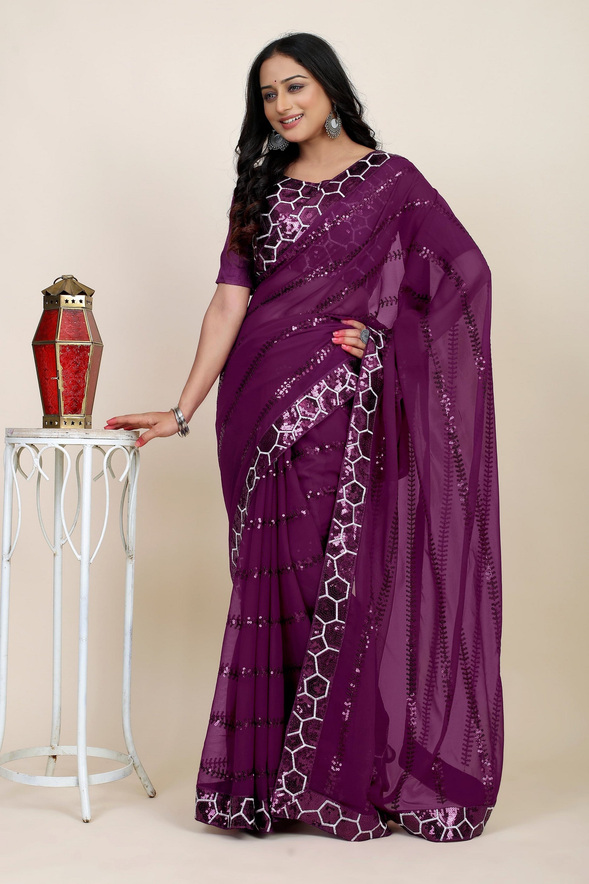 Designer Sequins Embroidery Work Purple Georgette Glamorous Bollywood Saree