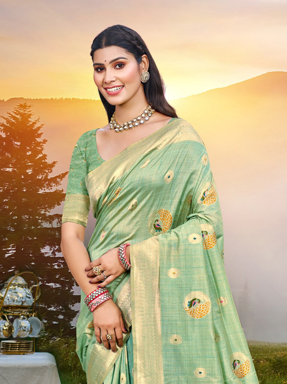 Divine Sea Green Assam Silk Meenakari Festival Saree