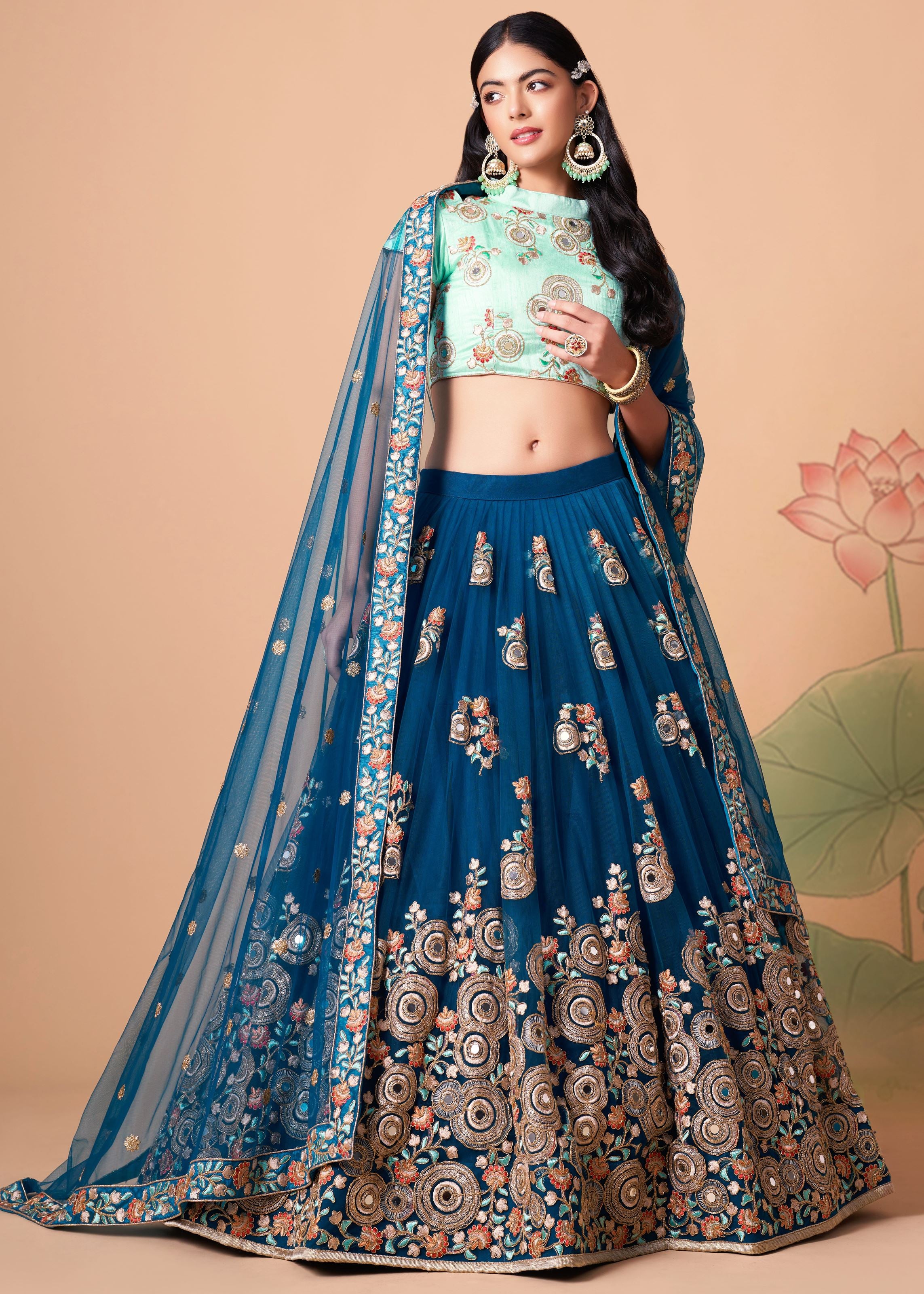 Dove Blue Lehenga Choli With   Thread, Zari, Dori And Sequins Embroidery With Mirror Work