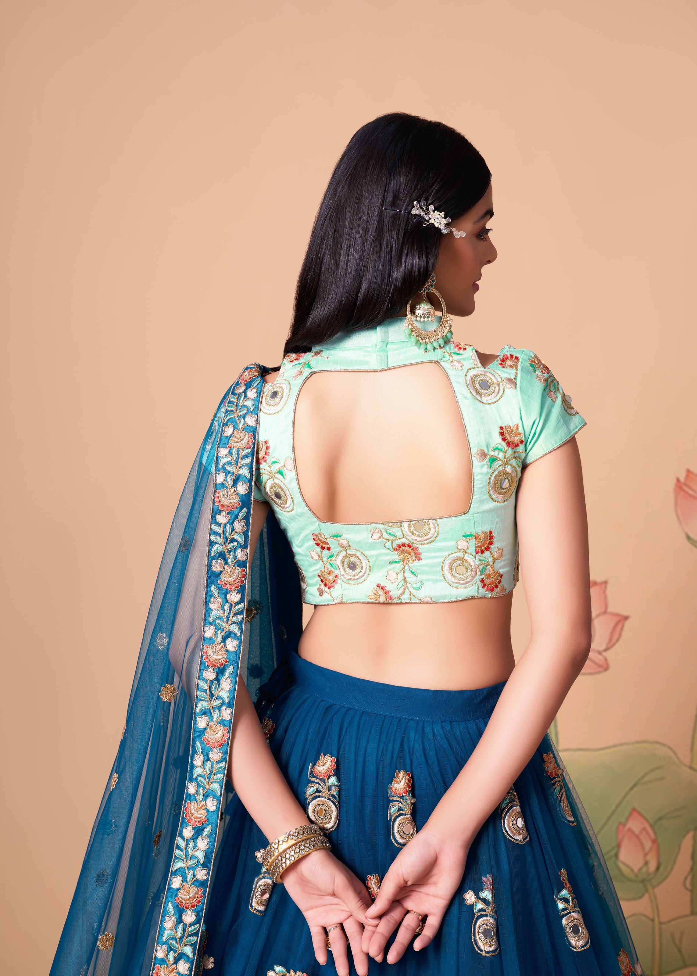 Dove Blue Lehenga Choli With   Thread, Zari, Dori And Sequins Embroidery With Mirror Work