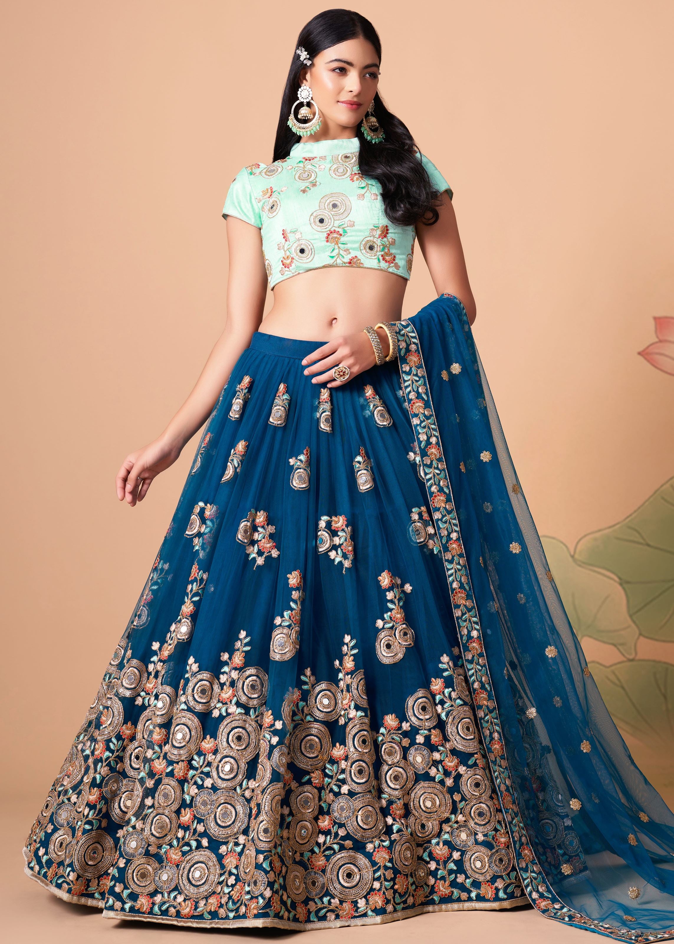 Dove Blue Lehenga Choli With   Thread, Zari, Dori And Sequins Embroidery With Mirror Work