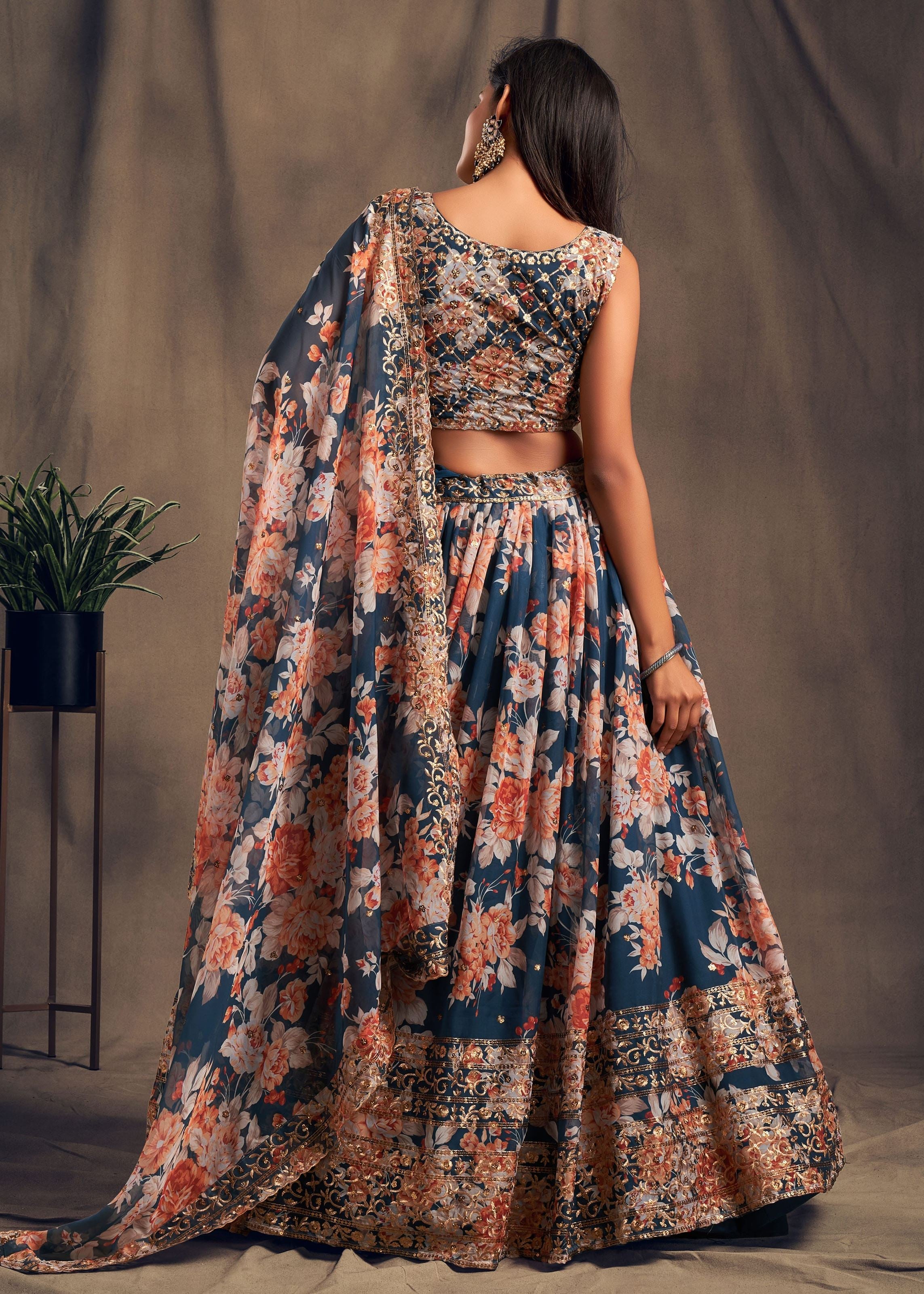 Dove Blue Organza Lehenga Choli With Sequins Zari Embroidery Work