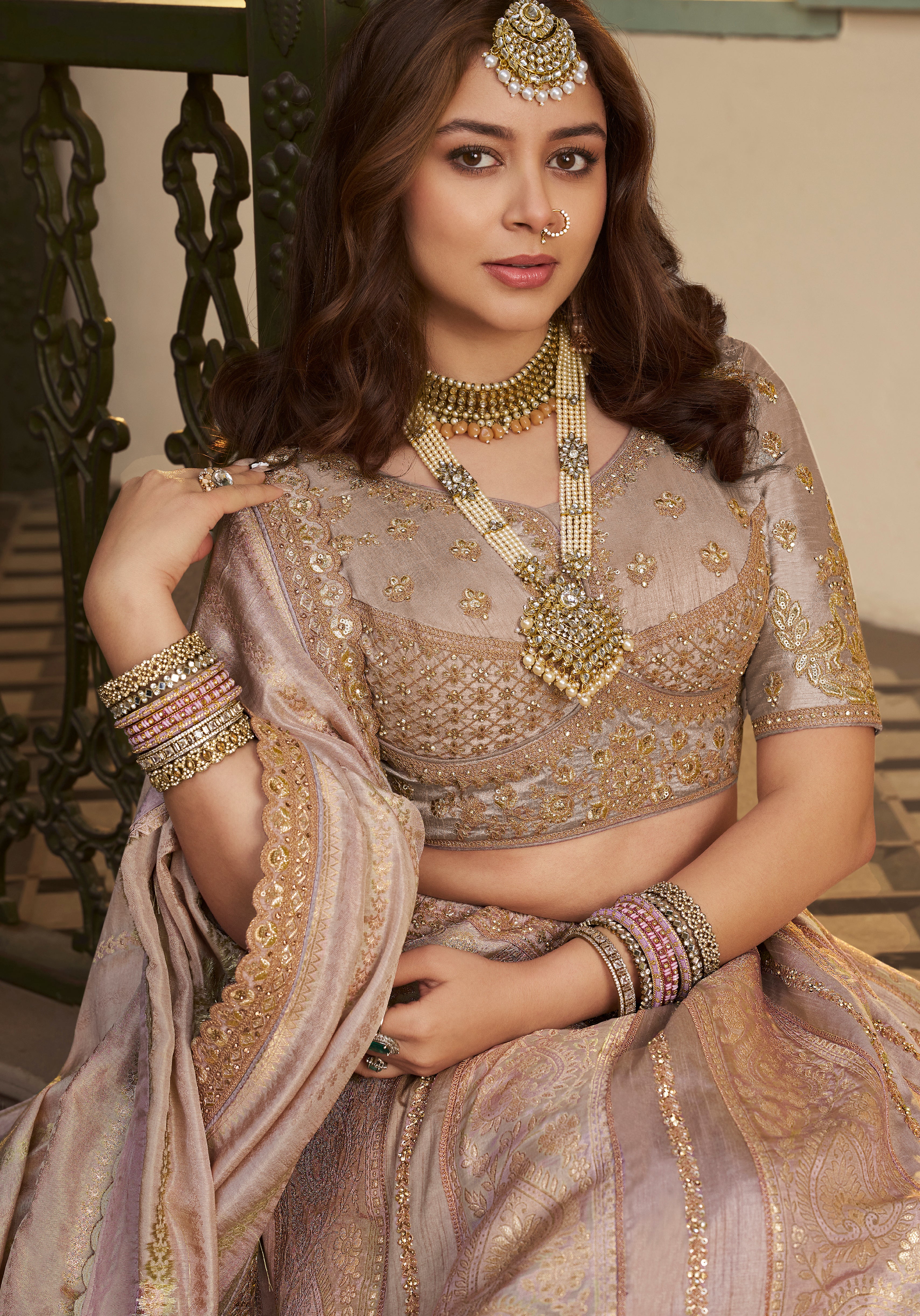 Dusty Pink Banarasi Premium Silk Lehenga Choli With Heavy Thread Embroidery, Sequence, Swarovski ,Stone With Zari, Khatli Weaving Work