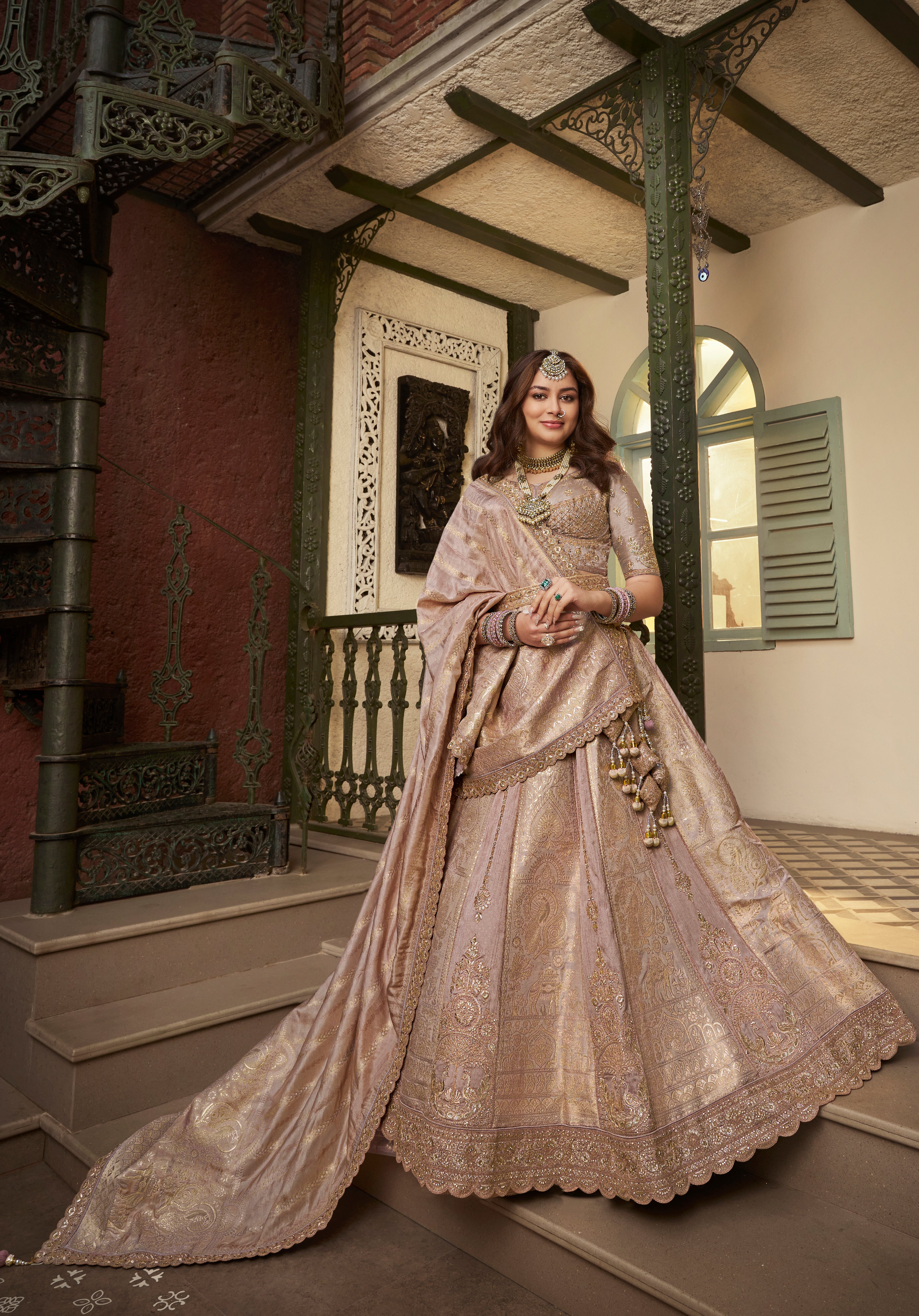 Dusty Pink Banarasi Premium Silk Lehenga Choli With Heavy Thread Embroidery, Sequence, Swarovski ,Stone With Zari, Khatli Weaving Work