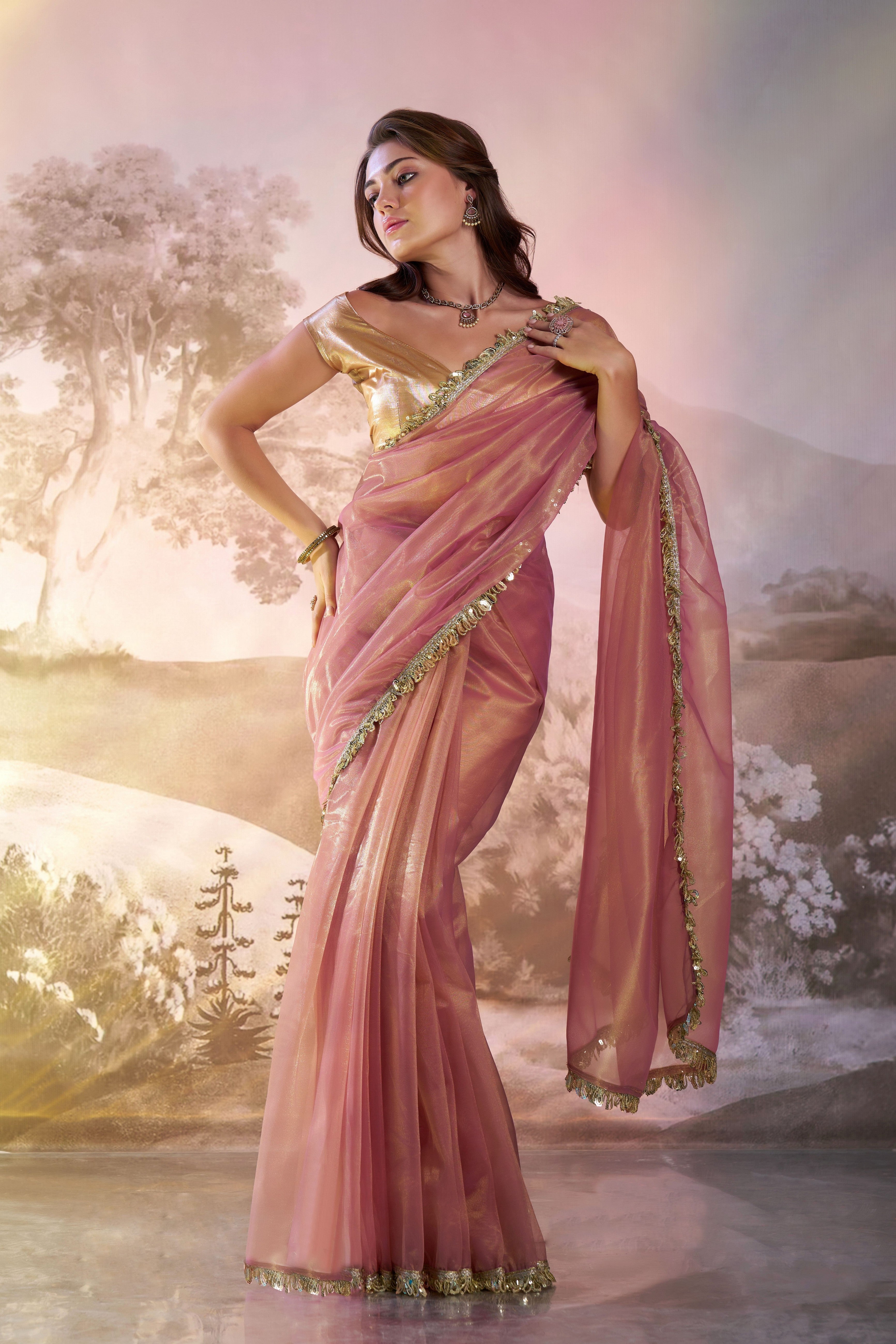 Dusty Pink Glamorous Twill Net Solid Designer Partywear Saree
