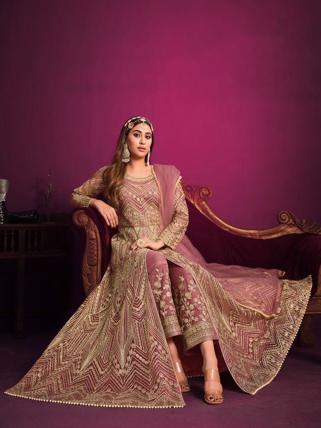 Dusty Pink Net Heavy Thread Embroidery, Zari With Sequins Work  Anarkali Suits