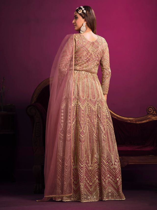 Dusty Pink Net Heavy Thread Embroidery, Zari With Sequins Work  Anarkali Suits