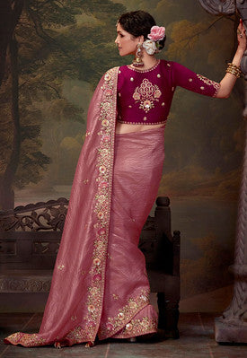 Dusty Pink Saree with Heavy Thread Embroidery Sequins Work and Embroidery Blouse