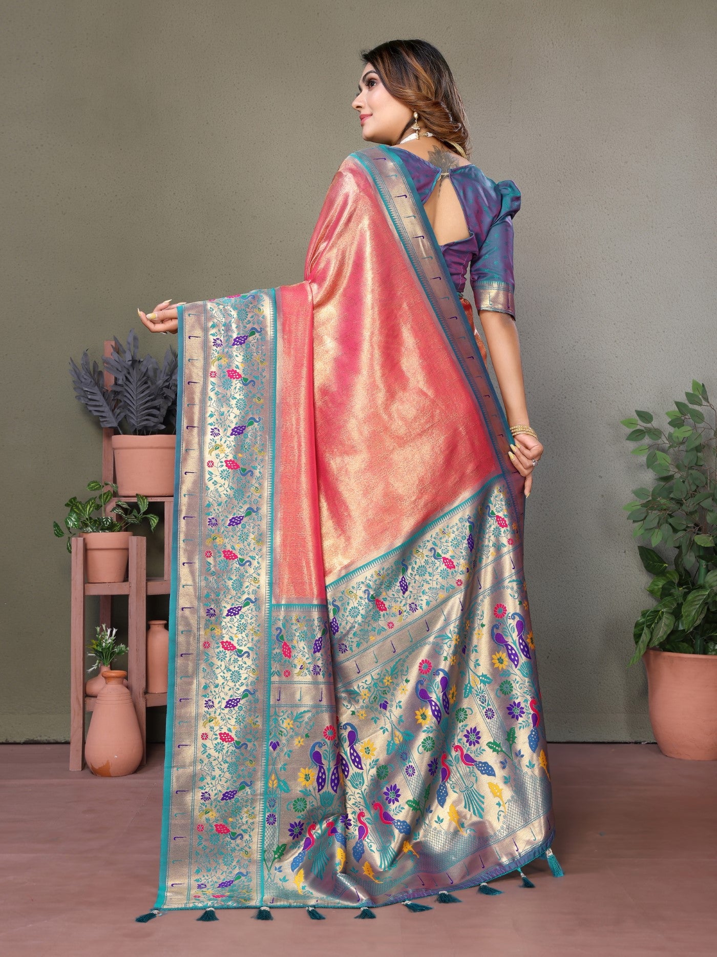 Dusty Pink Tissue Silk Saree With Paithani Woven
