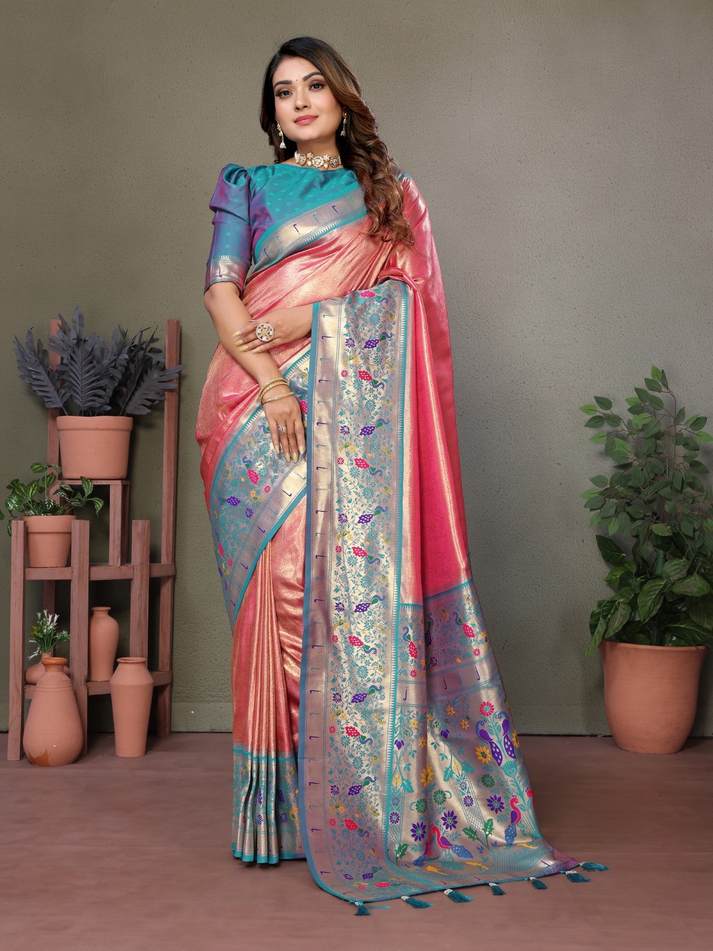 Dusty Pink Tissue Silk Saree With Paithani Woven