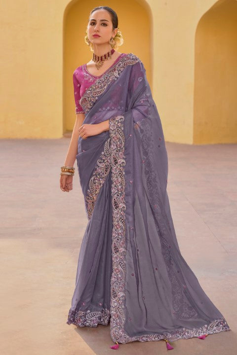 Dusty Purple Organza Silk Saree With  Heavy Thread Embroidery With Sequins Work