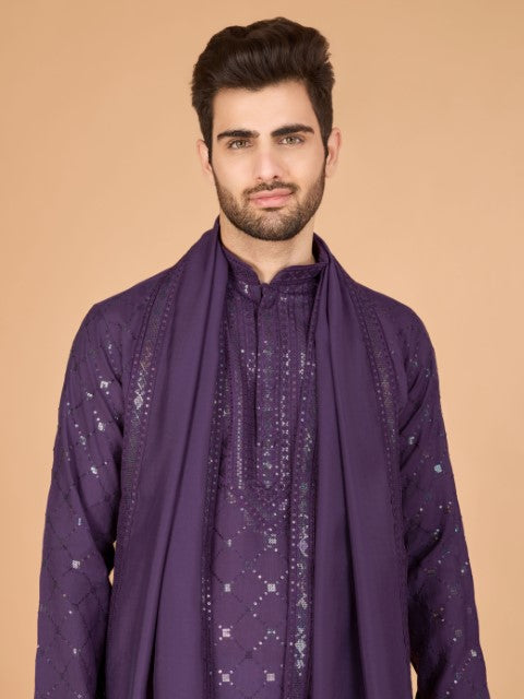 Dusty Purple Viscose Silk Thread & Sequins Kurta with Dupatta