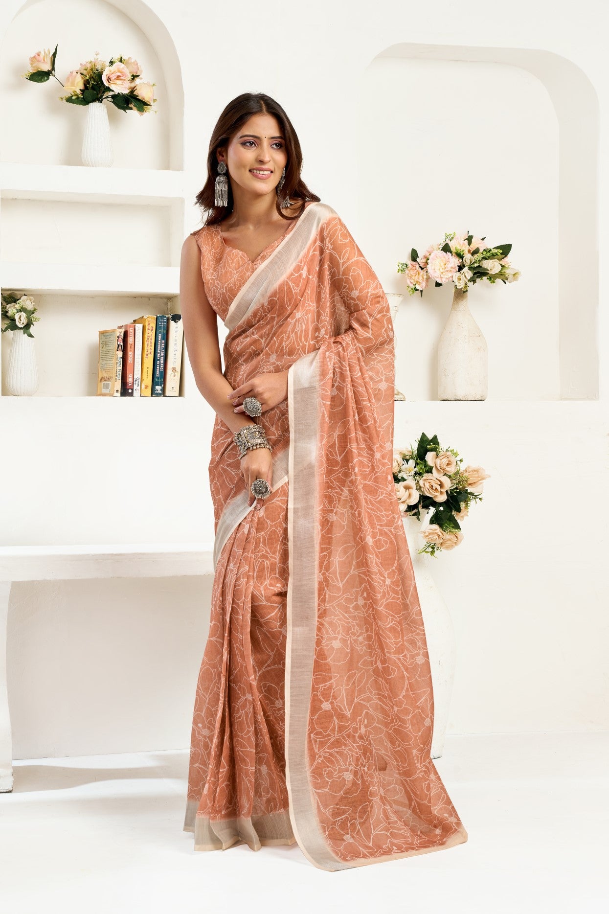 Dusty Rose Linen Ready To Wear Saree With Zari Border Printed