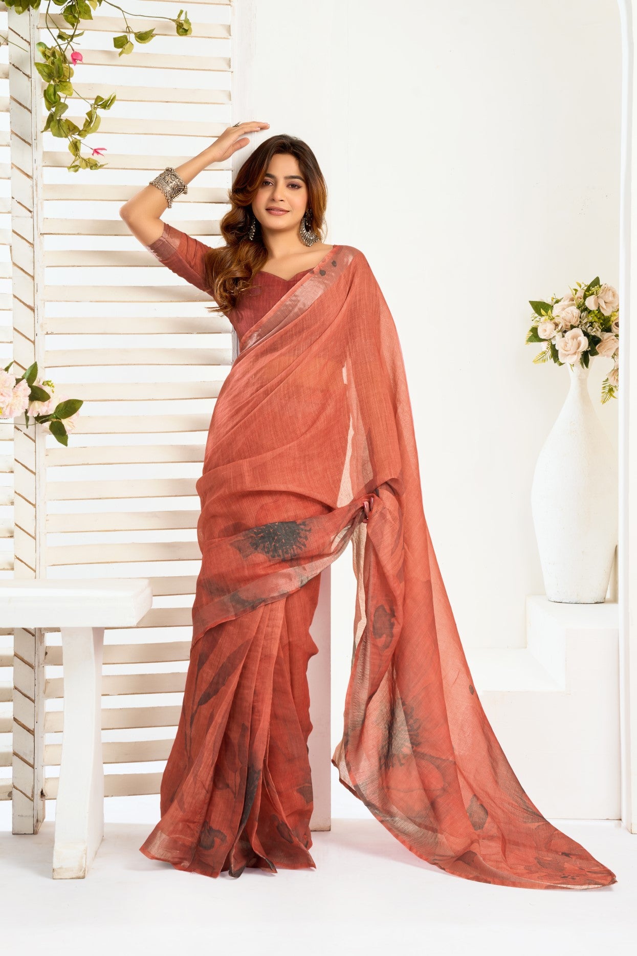 Dusty Rose Linen Ready To Wear Saree With Zari Border Printed