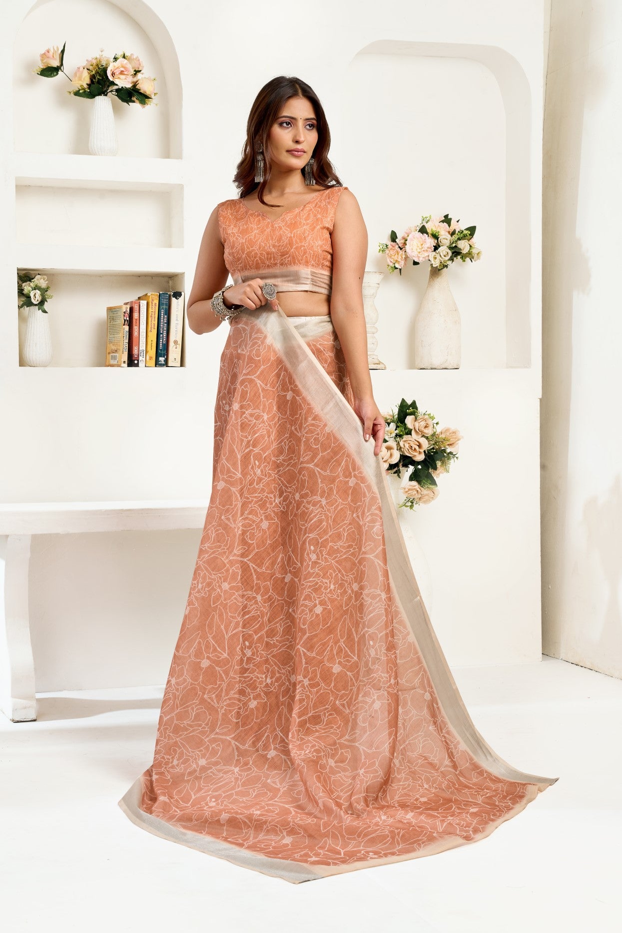 Dusty Rose Linen Ready To Wear Saree With Zari Border Printed