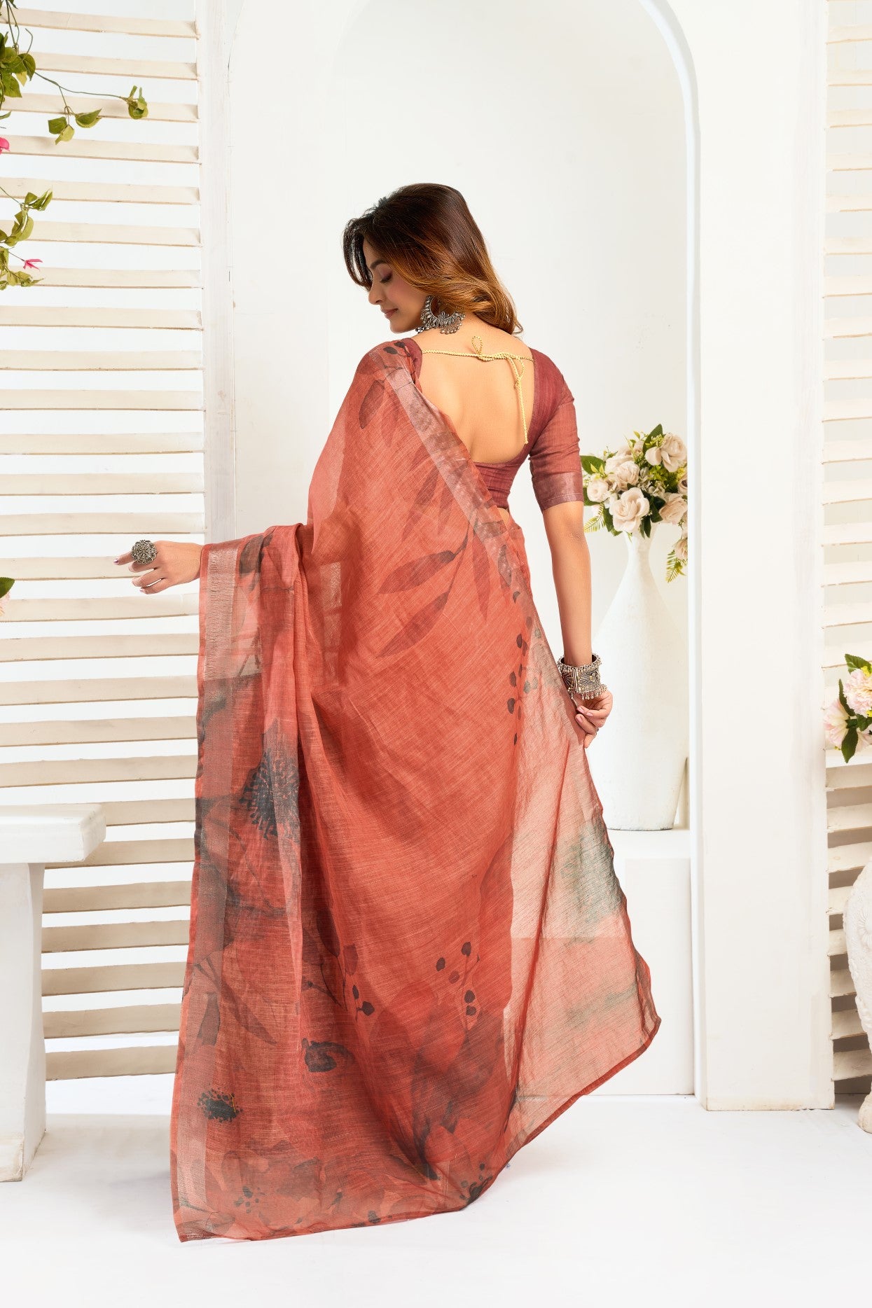 Dusty Rose Linen Ready To Wear Saree With Zari Border Printed