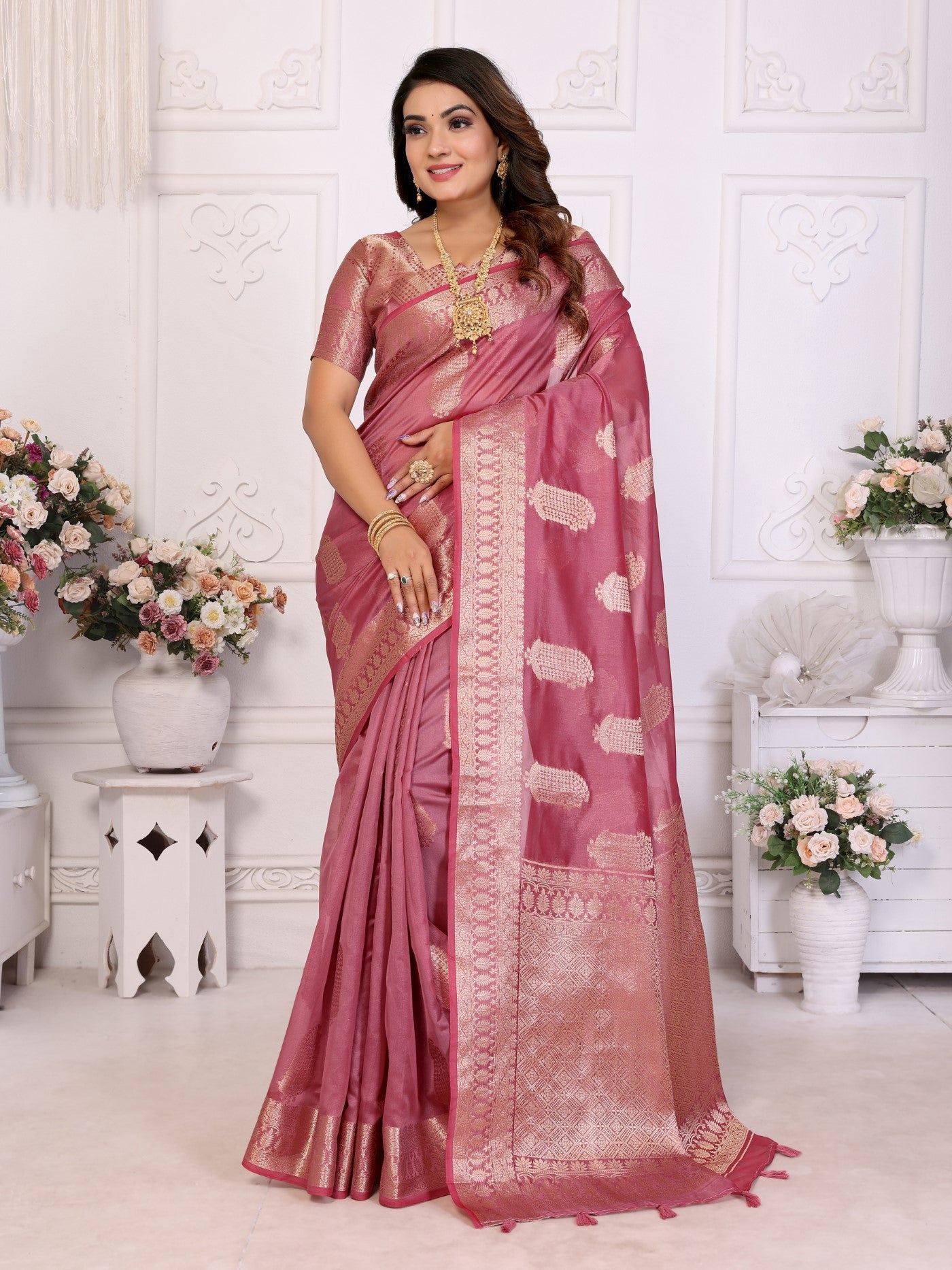 Dusty Rose Soft Organza Silk Saree With Elegant Weaving