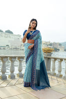 Ehtnic Woven Designer Soft Silk Saree In Firozi With Elegant Print Work