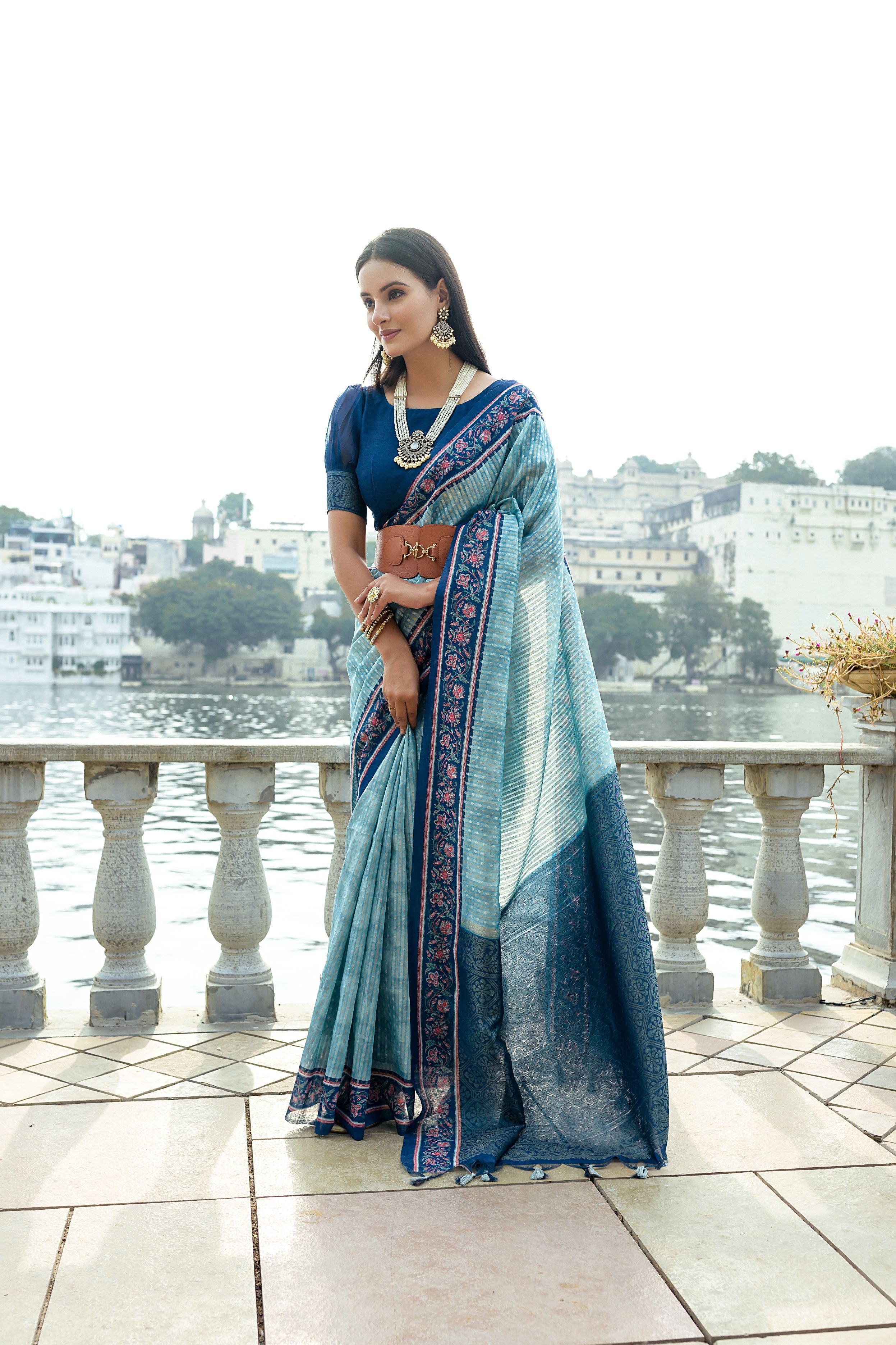 Ehtnic Woven Designer Soft Silk Saree In Firozi With Elegant Print Work