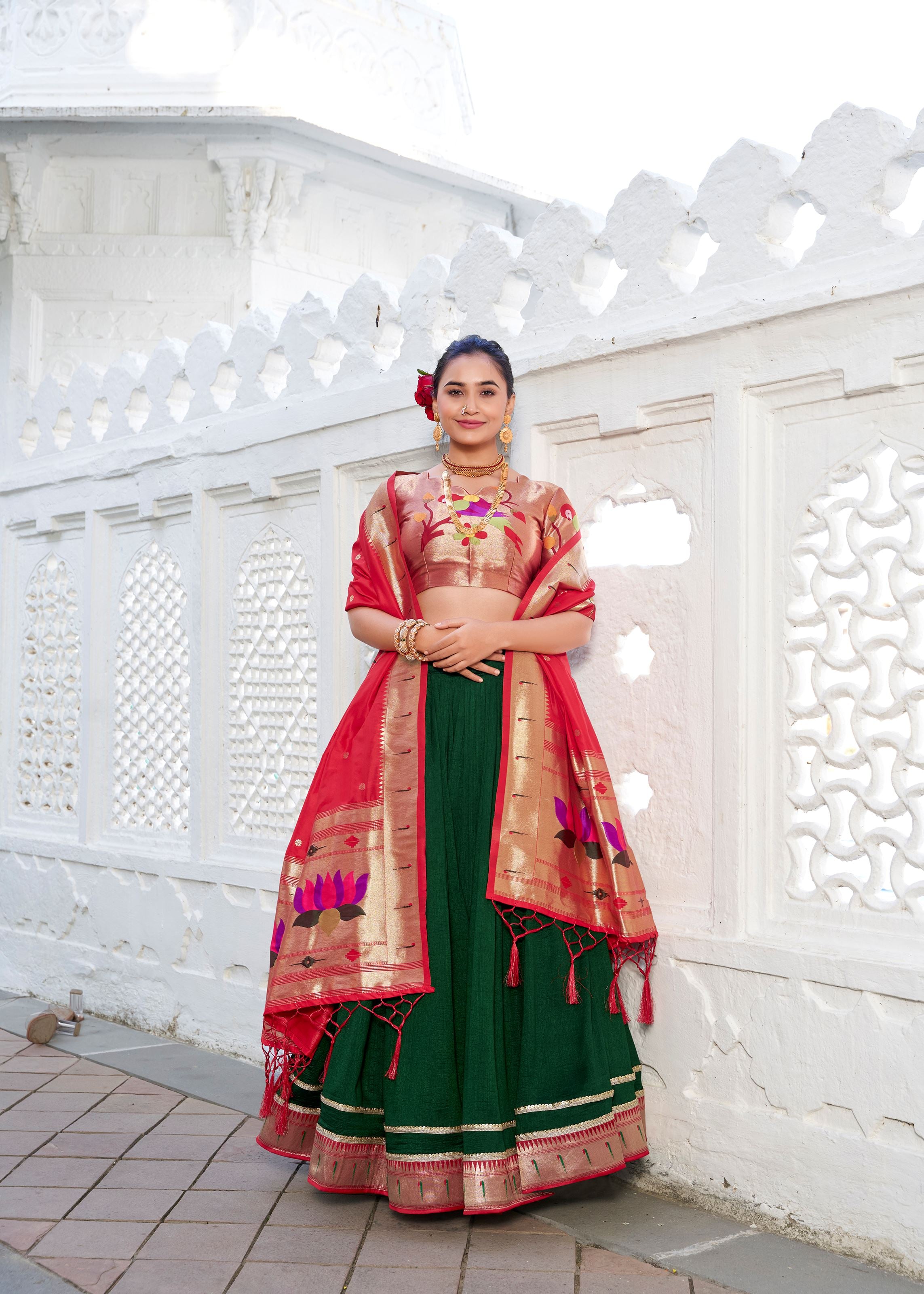 Elegance In Simplicity Green Vichitra Silk Lehenga With Classic Plain Look And Paithani Lace Border