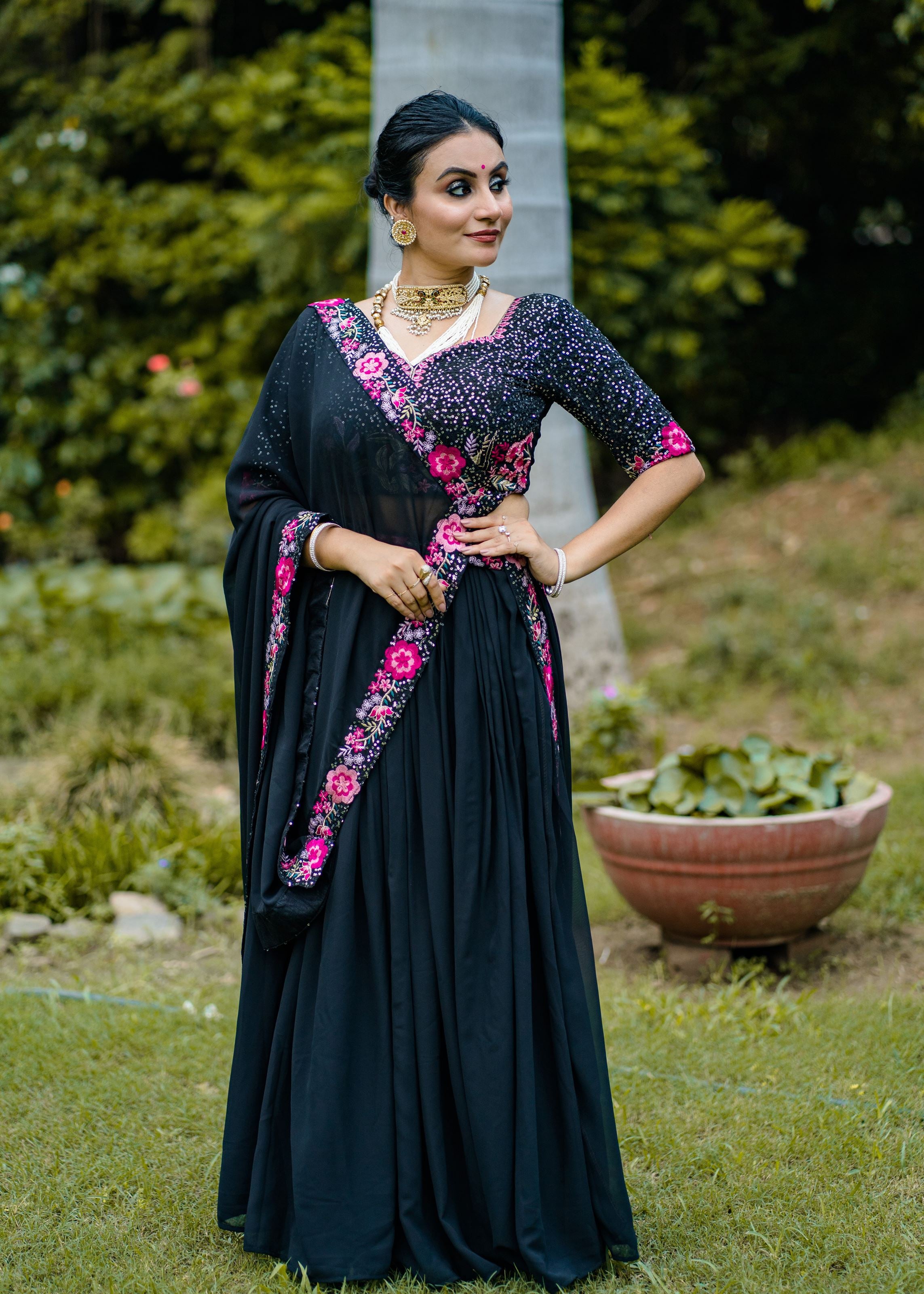 Elegant Black Georgette Lehenga with Sequin Highlights