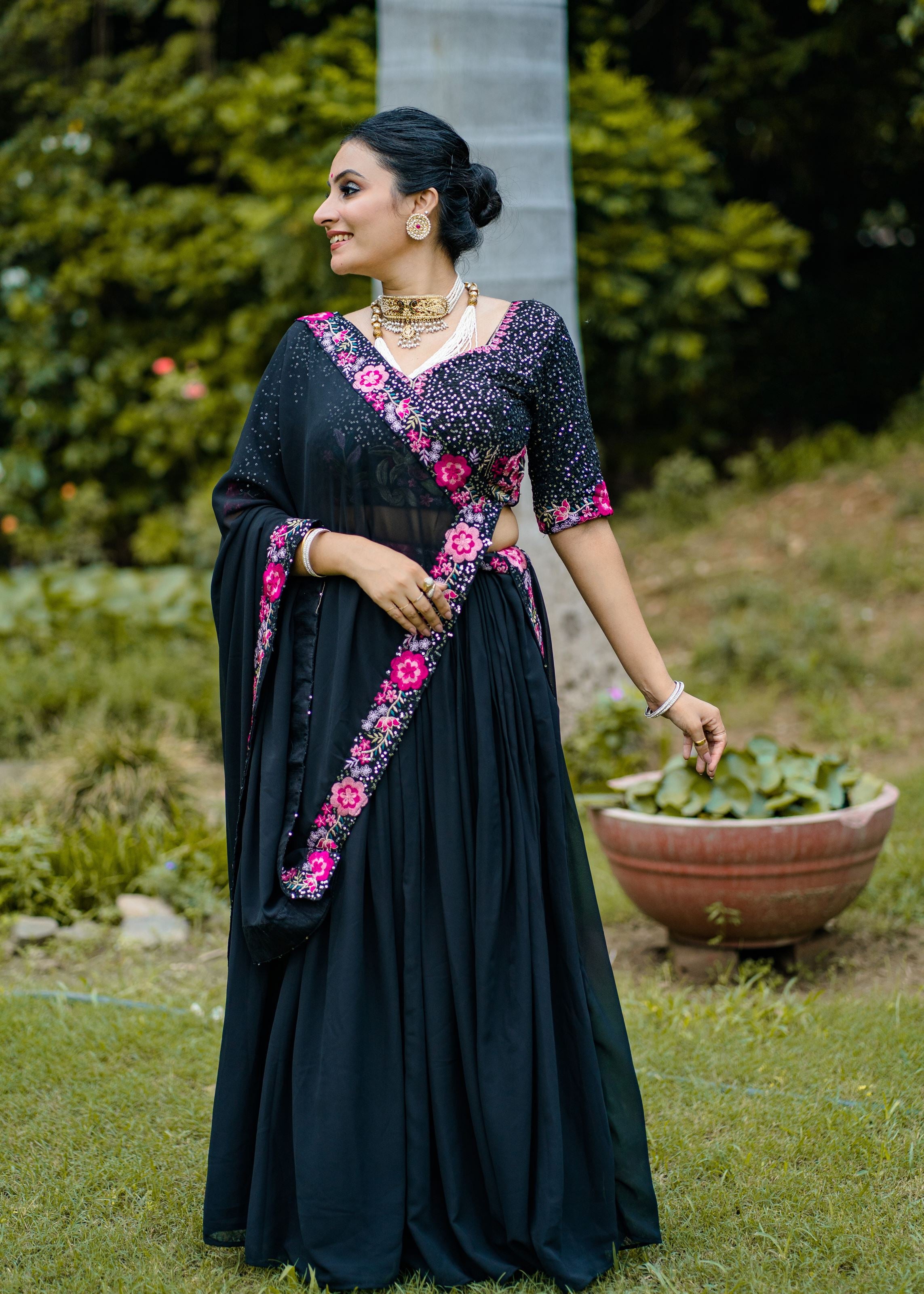 Elegant Black Georgette Lehenga with Sequin Highlights