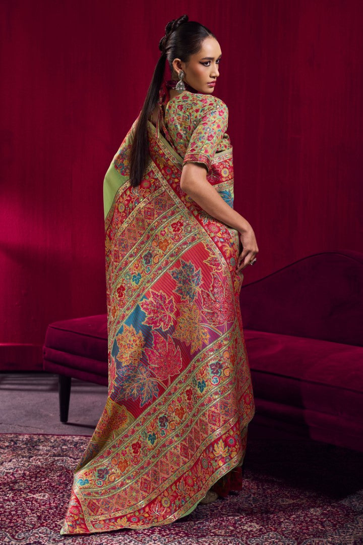 Elegant Parrot Green Modal Pashmina Saree with Handloom Zari Border