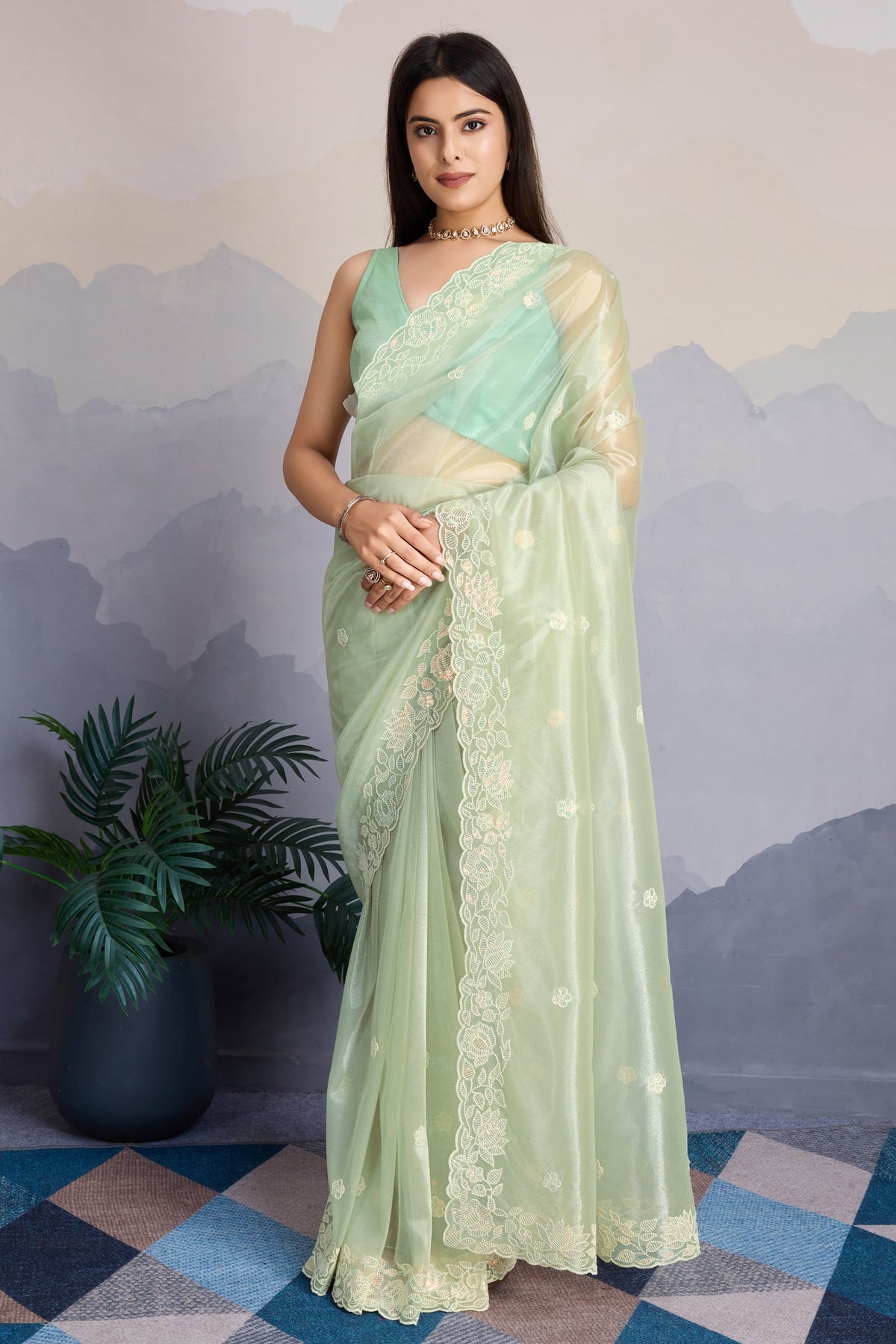 Elegant Pista Green Fancy Saree with Heavy Thread & Sequins Embroidery