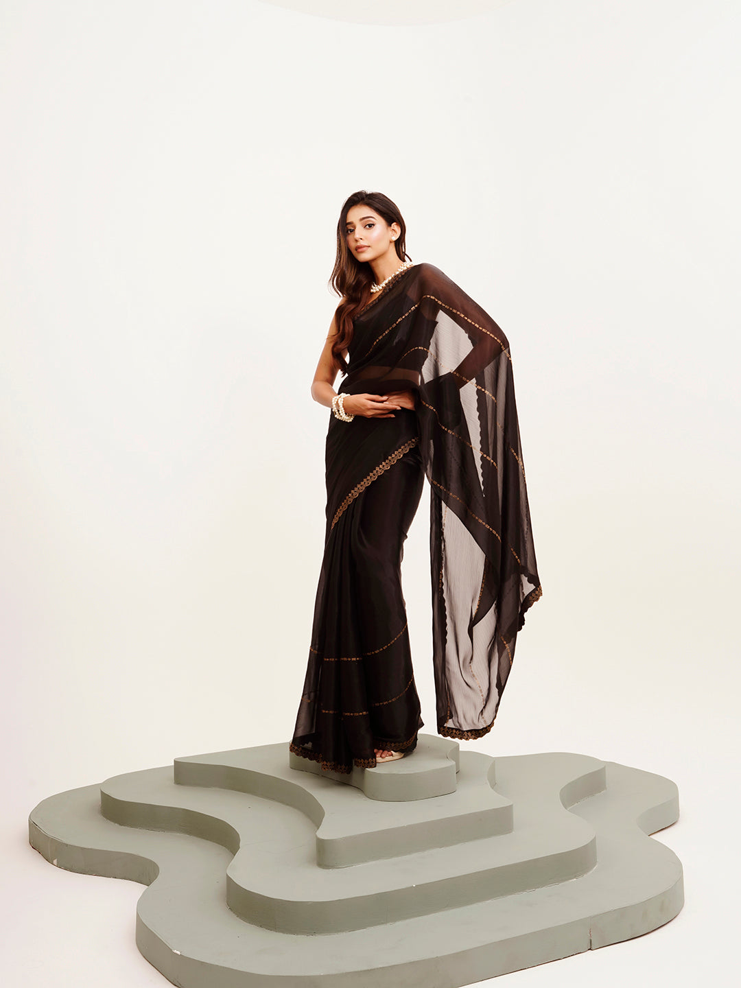 Embellished Beads And Stones Work Black Organza Rich Ceremonial Saree