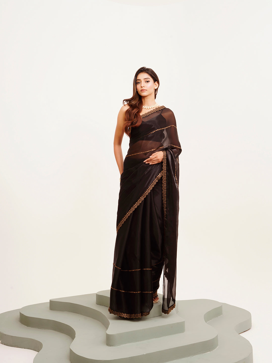 Embellished Beads And Stones Work Black Organza Rich Ceremonial Saree