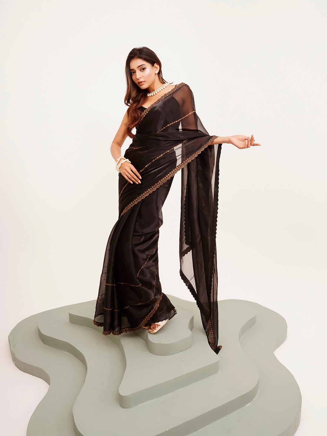 Embellished Beads And Stones Work Black Organza Rich Ceremonial Saree
