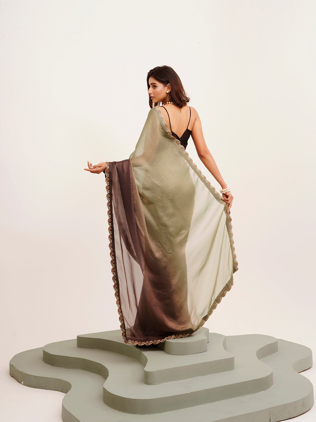 Embellished Beads And Stones Work Grey Satin Rich Ceremonial Saree