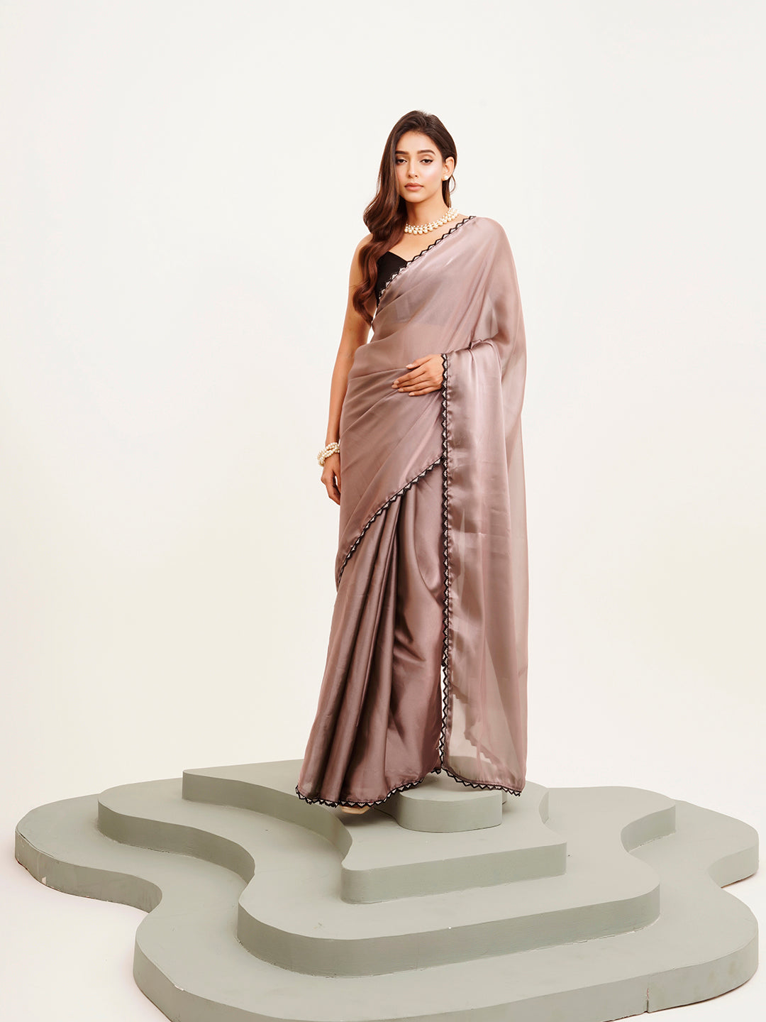 Embellished Beads And Stones Work Grey Silk Blend Rich Ceremonial Saree