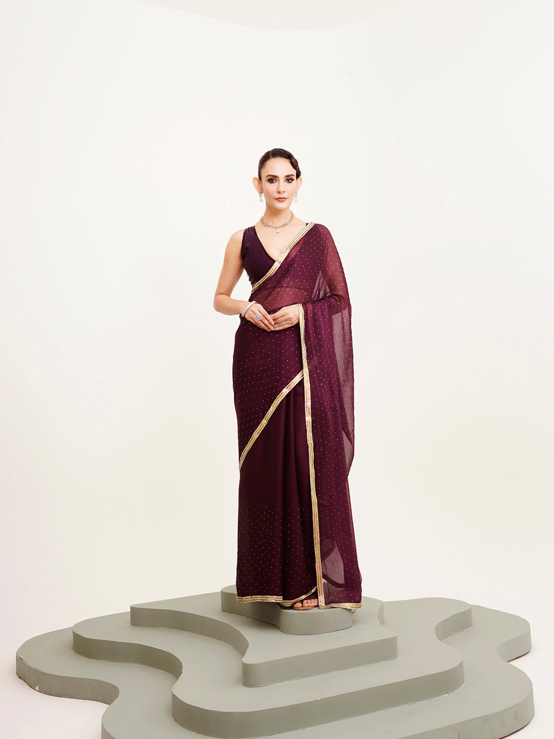 Embellished Beads And Stones Work Purple Chiffon Rich Ceremonial Saree