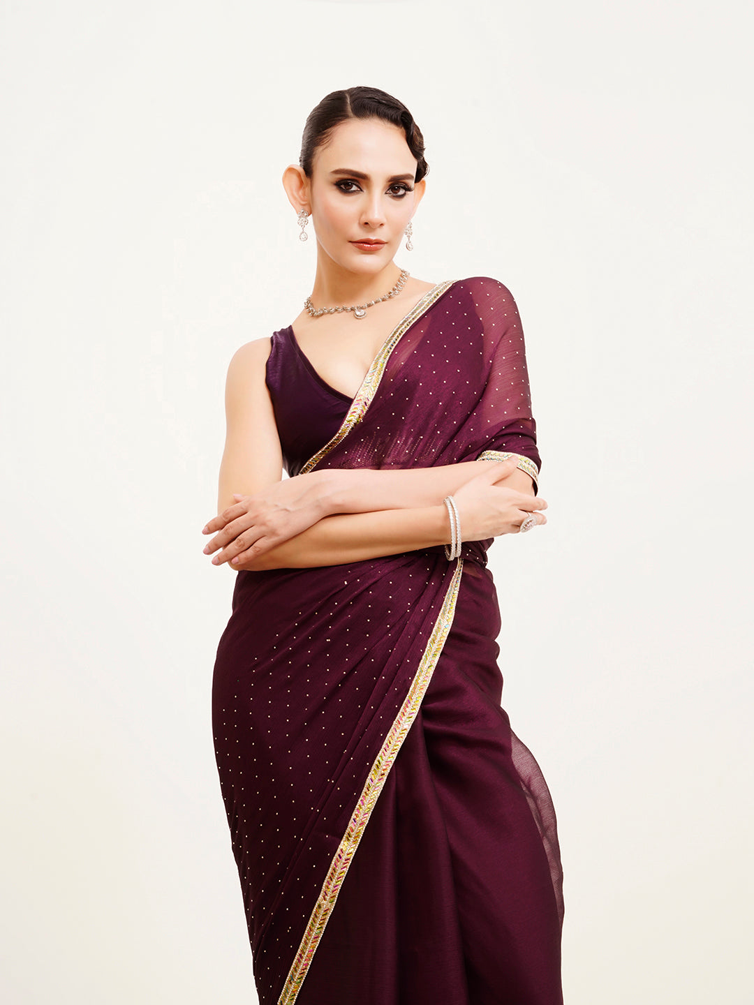 Embellished Beads And Stones Work Purple Chiffon Rich Ceremonial Saree
