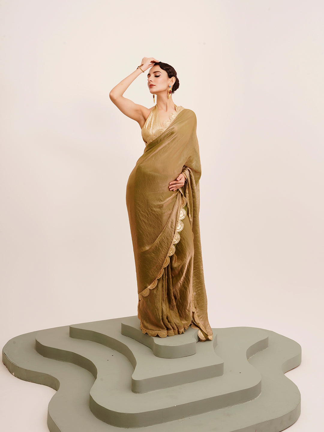 Embellished Sequinned Work Metallic Green Tissue Rich Ceremonial Saree