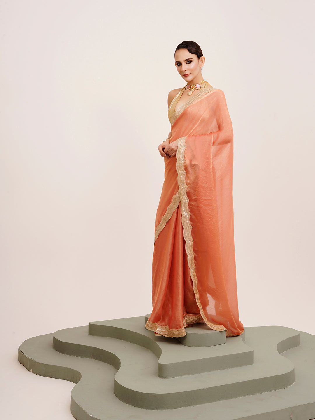 Embellished Sequinned Work Peach Satin Rich Ceremonial Saree