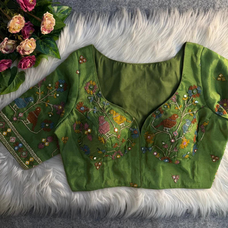 Emerald Green Bird Motif Mirror Work Blouse  Cosmos Silk Designer Partywear