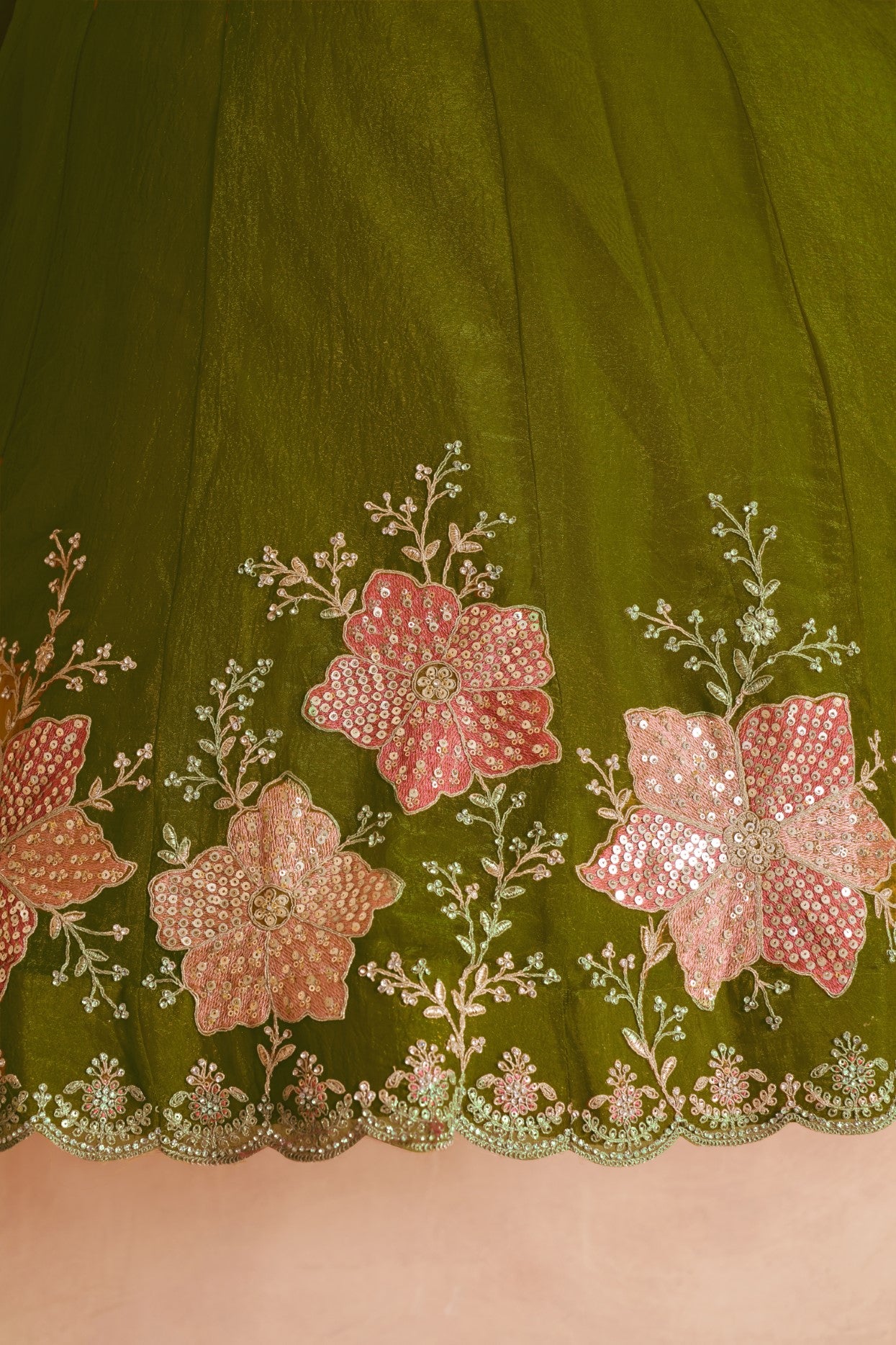 Emerald Green Tissue Floral Embroidered Wedding Lehenga Choli Set